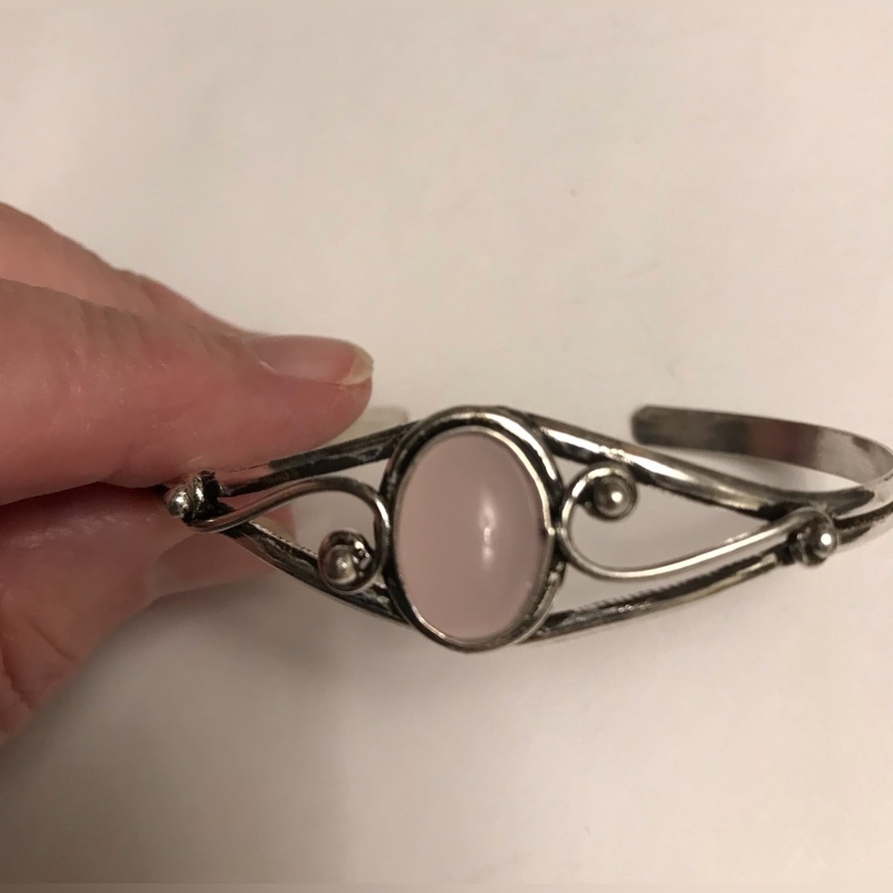 Rose Quartz Stamped 925 Sterling Silver Cuff Bracelet